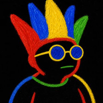 A colorful chalk drawing on a black background depicting a face with round glasses, surrounded by a spiky multicolored crown-like shape in red, blue, yellow, and green.
