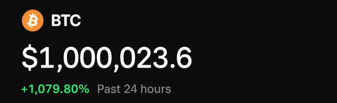 The image shows Bitcoin (BTC) priced at $1,000,023.6, up 1,079.80% in the past 24 hours. It illustrates an apparent surge past the $1 million threshold in response to the question of whether Bitcoin will ever reach $1 million.