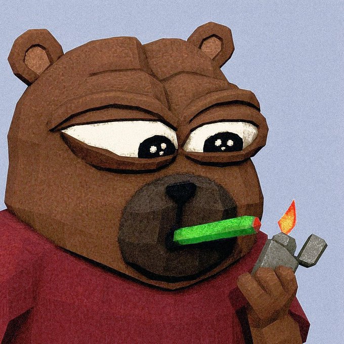 A digital illustration of a brown cartoon bear with a tired expression, wearing a red shirt, lighting a green cigarette with a silver lighter against a light blue background.