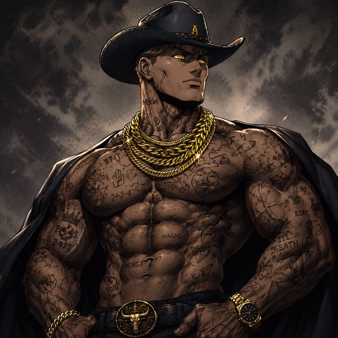 A digital illustration of a muscular, tattooed cowboy wearing a black hat, multiple gold chains, a gold belt buckle, and a gold watch, with visible tattoos including 'WAGMI' and 'PONGS BOSS'.