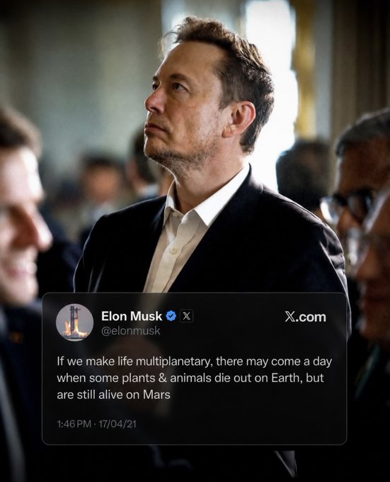 Elon Musk appears in a dark suit looking upward at what appears to be a formal event, with an overlay of his X post reading: "If we make life multiplanetary, there may come a day when some plants & animals die out on Earth, but are still alive on Mars," timestamped 1:46 PM · 17/04/21.