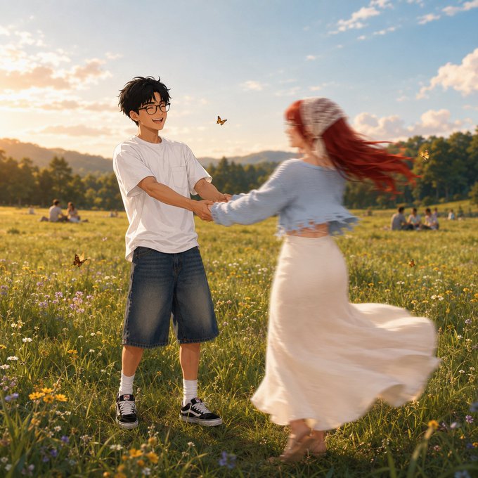 In a sunlit meadow filled with wildflowers and butterflies, a young man in a white t-shirt and denim shorts holds hands with a woman in a white skirt and blue top as she spins joyfully.