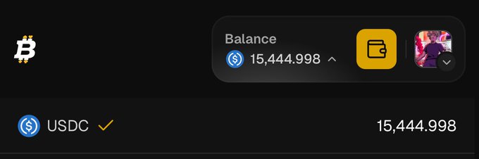 The image shows a screenshot of a Bitcoin trading app with a black background. The main focus of the image is a yellow button that says "Balance" at the top right corner. Below this button, there are two other buttons - one labeled "USDC" and another labeled "GANG Drop". These buttons provide information about the balance and the drop feature respectively. The text in the image reads: "For the GANG Drop your @Bitfortune ID Since 5 Day I print $15,000 all days". This message is related to the Bitcoin trading app, as it suggests that users can earn money by participating in a Bitcoin trading activity.