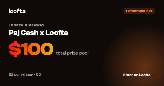 The image is a promotional graphic for a "Paj Cash x Loofta" giveaway with a $100 total prize pool, broken down as $2 per winner × 50 winners, showing a "Funded · Ends in 9d" status badge and an "Enter on Loofta →" call-to-action. It directly supports the post by advertising the $100 giveaway on Loofta's platform.