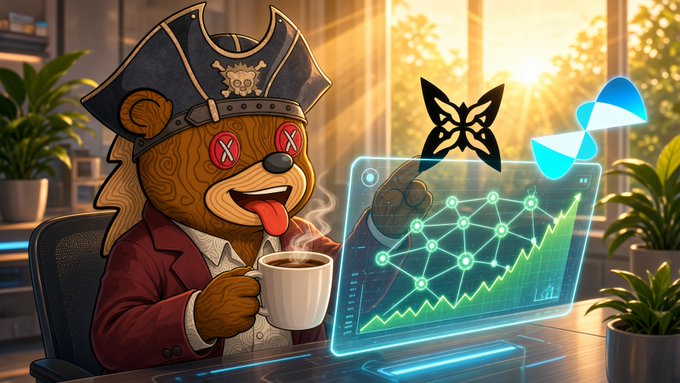 A cartoon bear dressed as a pirate with X-shaped eyes holds a steaming coffee mug next to a holographic display showing a green stock chart, with butterfly logos floating above.