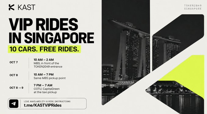 A promotional graphic for KAST 'VIP RIDES IN SINGAPORE' offering 10 free rides, with a schedule for OCT 7, 8, and 8-9, and an image of the Marina Bay Sands hotel.