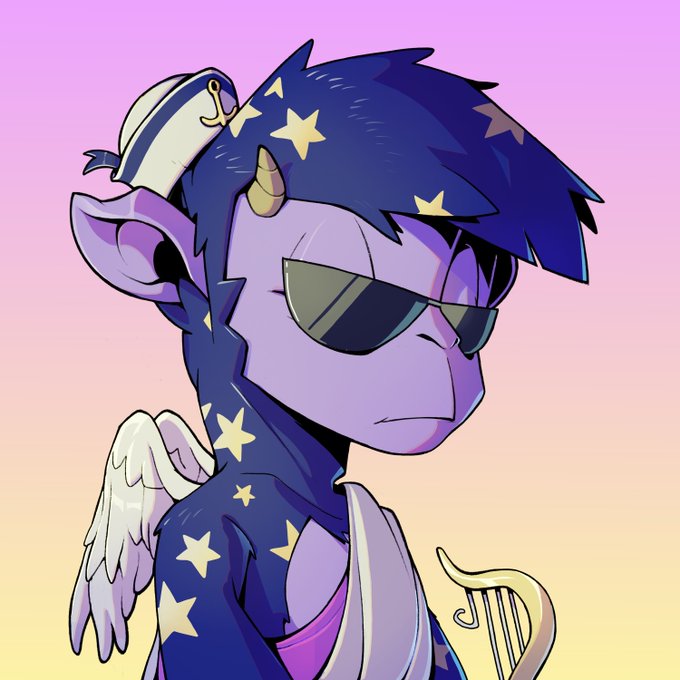 A purple-skinned anime-style character with a star-patterned body, small horn, and pilot's hat wearing dark sunglasses against a gradient background.