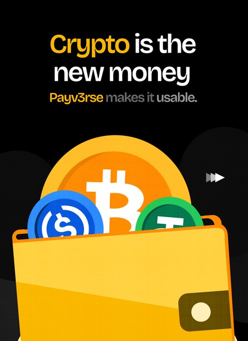 An advertisement reading 'Crypto is the new money, Payverse makes it usable' featuring illustrations of Bitcoin, USD Coin, and Tether coins in a yellow wallet.