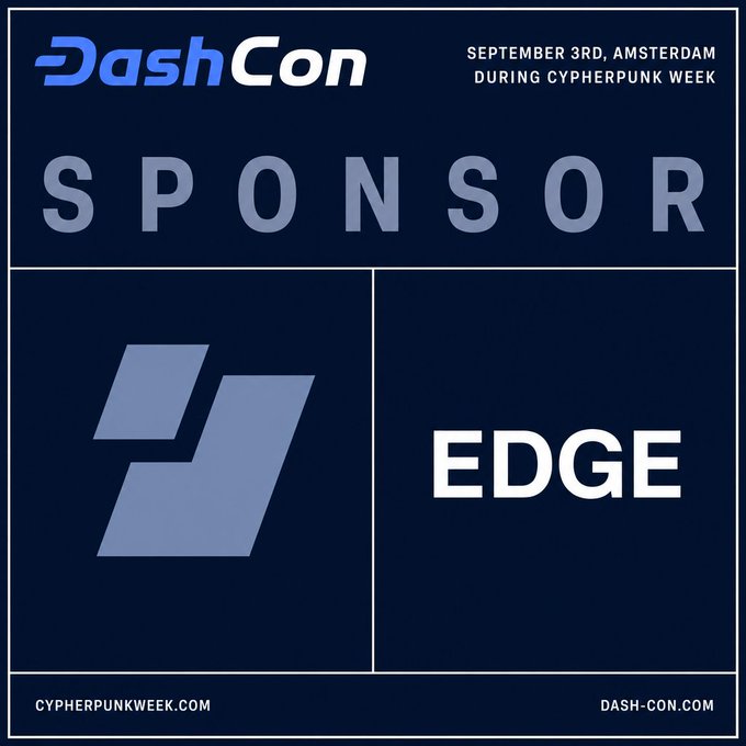 A promotional graphic for DashCon announces Edge as a sponsor for the September 3rd event in Amsterdam during Cypherpunk Week.