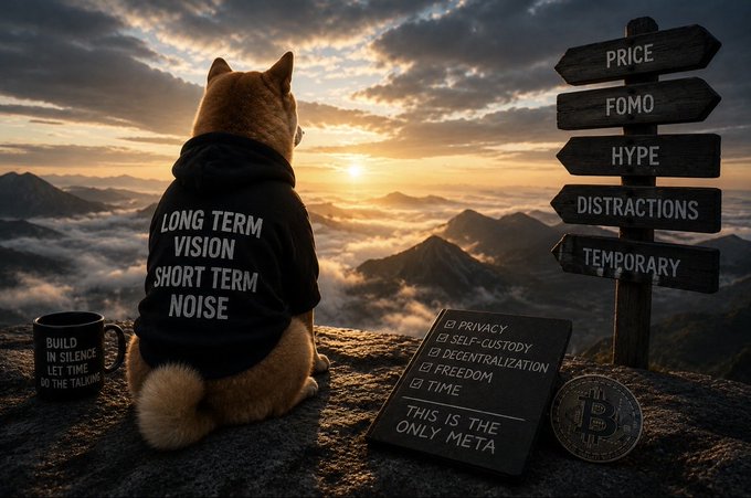 A Shiba Inu dog wearing a hoodie reading "LONG TERM VISION SHORT TERM NOISE" sits overlooking a mountain sunrise, surrounded by signs and objects with crypto-themed text including "PRICE," "FOMO," "HYPE," "DISTRACTIONS," "TEMPORARY," "BUILD IN SILENCE LET TIME DO THE TALKING," and a checklist noting "PRIVACY," "SELF-CUSTODY," "DECENTRALIZATION," "FREEDOM," "TIME," "THIS IS THE ONLY META," alongside a Bitcoin coin.