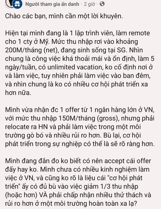 A Vietnamese social media post where a programmer earning ~200M VND/month remotely asks for advice on whether to accept a 150M VND (gross) offer from a large bank in Hanoi requiring relocation.