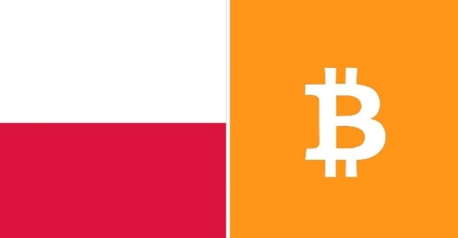 The flag of Poland, consisting of a white top stripe and red bottom stripe, is displayed next to an orange square containing the white Bitcoin '₿' symbol.