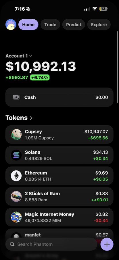 A Phantom crypto wallet app screenshot showing an Account 1 balance of $10,992.13 (+6.74%), with holdings in Cupsey ($10,947.07), Solana ($34.13), Ethereum ($9.69), 2 Sticks of Ram ($0.83), Magic Internet Money (-$0.34), and manlet.