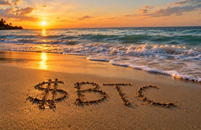 A sunset scene at a beach with the word 'BTC' written in the wet sand in the foreground, while ocean waves roll in under an orange sky.