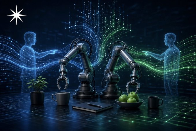 A futuristic digital artwork depicting two holographic human figures interacting with robotic arms on a dark surface, surrounded by green data streams and a star symbol in the corner.