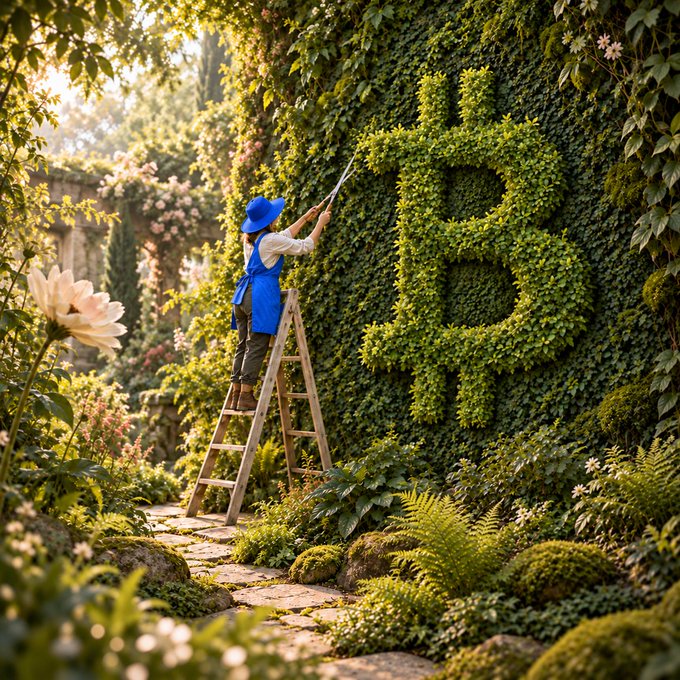 A gardener in a blue apron and wide-brimmed hat stands on a wooden ladder, carefully trimming an enormous living topiary shaped into the letter "B." The image plays on the phrase "touch grass" by literally depicting someone sculpting grass itself into a massive, verdant masterpiece.