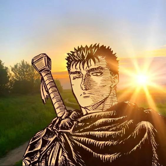 An illustration depicts Guts from the anime Berserk with his sword on his back, set against a sunset backdrop with sun rays streaming through.