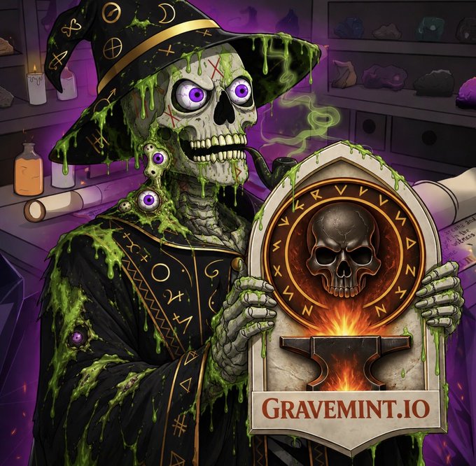 A digital illustration shows a green, slime-covered skeleton wizard holding a stone tablet with a skull emblem and runic symbols, with 'GRAVEMINT.IO' at the bottom.