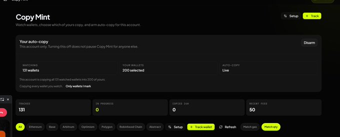 The image shows a Copy Mint dashboard interface with auto-copy settings enabled, monitoring 131 wallets and 200 selected wallets, with stats showing 131 minted, 0 in progress, 0 free SOL, and a 50 priority fee. It aligns with the post by displaying the dashboard where users can arm their copy mints and track active wallet monitoring.