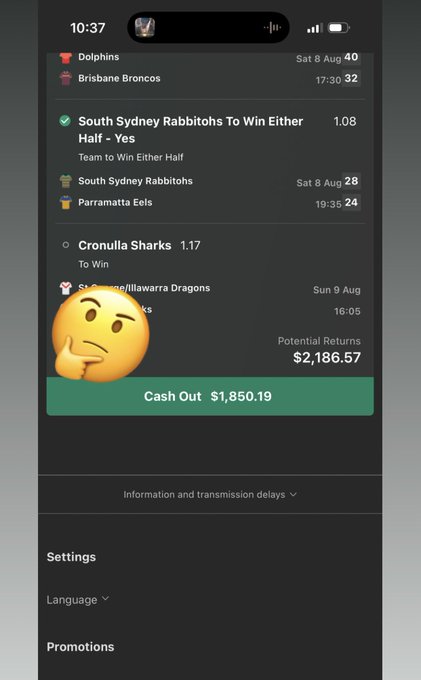 The image shows a sports betting app screen displaying an open bet with a "Cash Out $1,850.19" option against potential returns of $2,186.57, featuring NRL matches like Dolphins vs Brisbane Broncos and South Sydney Rabbitohs vs Parramatta Eels. The thinking emoji overlay reflects the user's dilemma from the caption about whether to cash out early or let the multi-leg bet ride for a bigger payout.