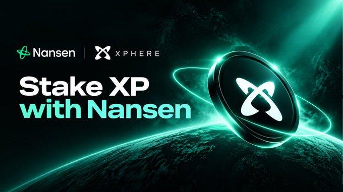 Promotional graphic for 'Stake XP with Nansen' featuring the Nansen and Xphere (XP) logos against a green-tinted planetary backdrop.