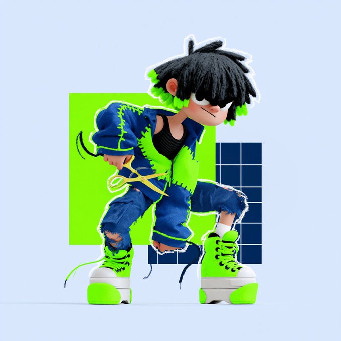 A 3D animated character with spiky black and green hair, wearing a denim outfit and green sneakers, standing against a green and blue geometric background.