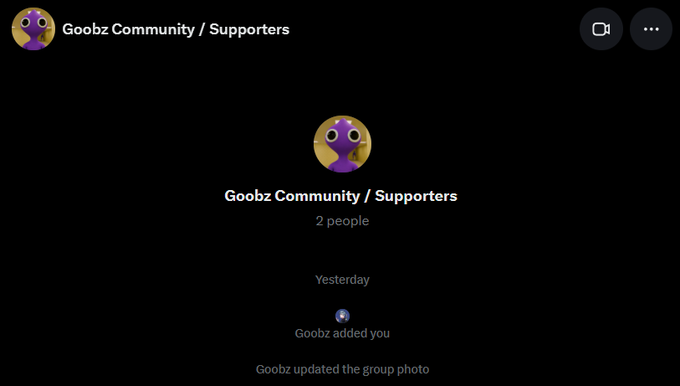 A screenshot of a group chat titled 'Goobz Community / Supporters' showing 2 people, noting 'Goobz added you' and 'Goobz updated the group photo'.