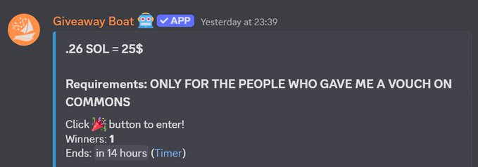 A Discord message from 'Giveaway Boat' announces a '.26 SOL = 25$' giveaway requiring a vouch on commons, with one winner to be selected in 14 hours.