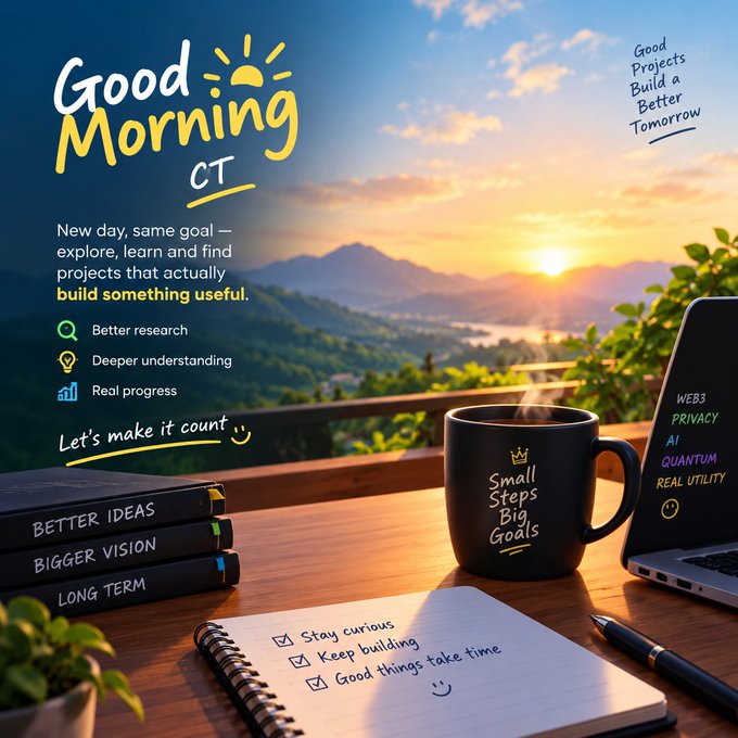 A motivational 'Good Morning' graphic showing a sunrise over mountains with a desk featuring a 'Small Steps Big Goals' mug, notebooks reading 'Better Ideas, Bigger Vision, Long Term,' and a to-do list.