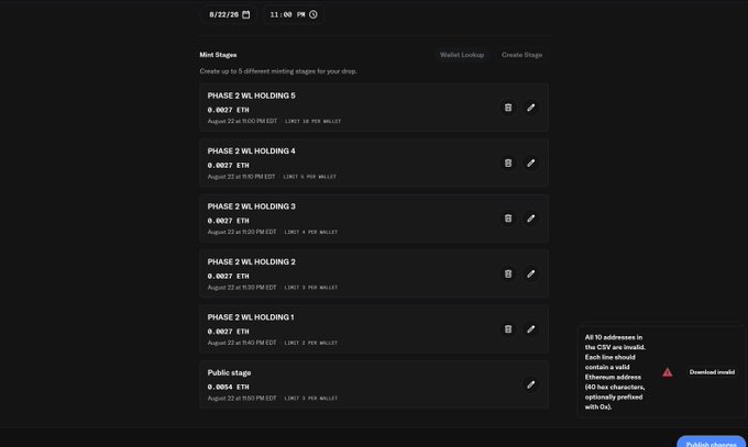 A 'Mint Stages' configuration interface for a crypto NFT drop, listing five phases (PHASE 2 WL HOLDING 1-5) and a Public stage, all priced at 0.0027 ETH with various per-wallet limits, and a CSV download warning.