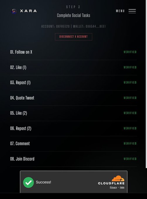 The image shows Step 3 of an application process for the Xara collection, displaying a "Complete Social Tasks" page where all 8 social media tasks (Follow on X, Like, Repost, Quote Tweet, Comment, Join Discord, etc.) for account 0XFREE20 and wallet 0XA5A4...BEE1 have been verified as complete, with a "Success!" notification at the bottom.