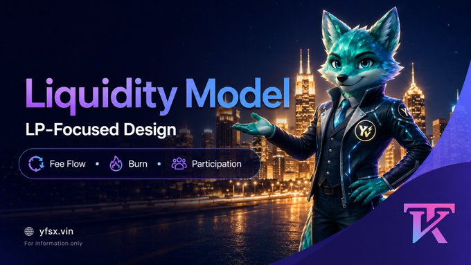 A promotional graphic for 'Liquidity Model' with 'LP-Focused Design' by yfsx.vin, featuring an anthropomorphic fox character in a suit against a city skyline at night.