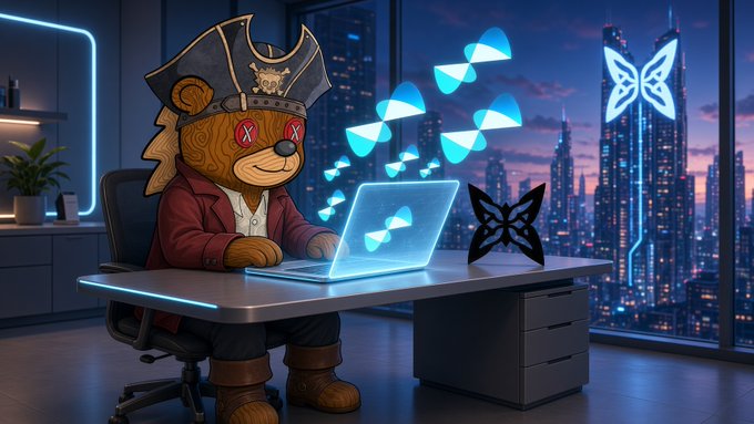 An animated bear dressed as a pirate with 'X' eyes sits at a desk using a laptop in a high-rise office, with glowing butterfly logos floating in the air against a city skyline at night.