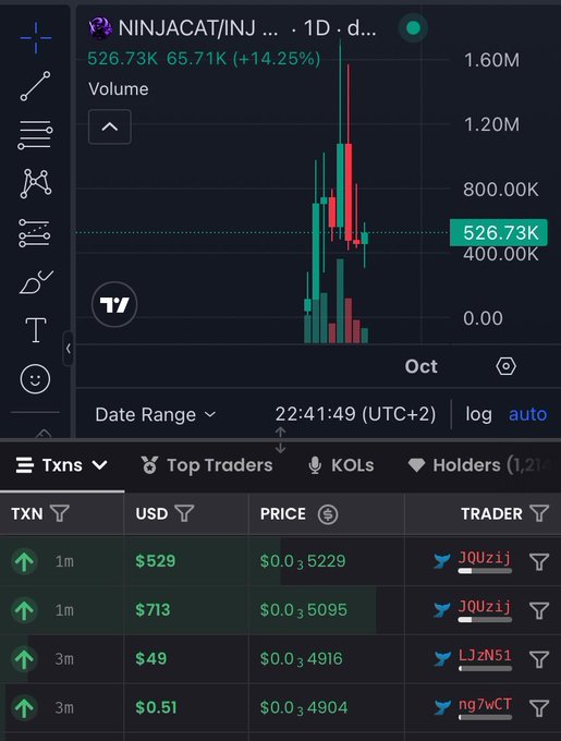 A TradingView chart showing the $NINJACAT/INJ token on a 1-day timeframe with a 14.25% gain, current price at 526.73K, and recent transaction details below listing traders and USD amounts ranging from $0.51 to $713.