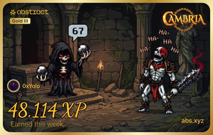 The image features a poster with two cartoon characters, one of which appears to be a skeleton wearing a black robe and holding a sword, while the other character is a skeleton with red armor and a shield. The poster also includes text that reads "My 70th xp recap on Abstract chain Finally reached Gold Tier 3 Next goal Platinum Keep your fingers crossed for me! Activity is still ongoing." This suggests that the poster might be related to an online game or platform, possibly a video game or a social media post about gaming achievements and progress.