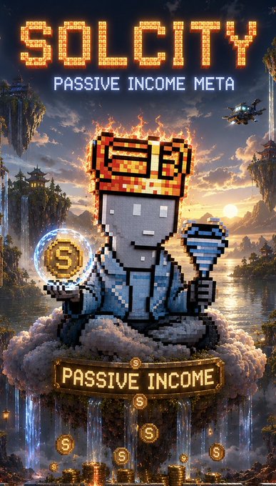 A vibrant promotional poster titled 'SOLCITY PASSIVE INCOME META' features a pixel-art character wearing a fiery crown, holding a coin and a scepter, set against a fantasy landscape with floating islands.