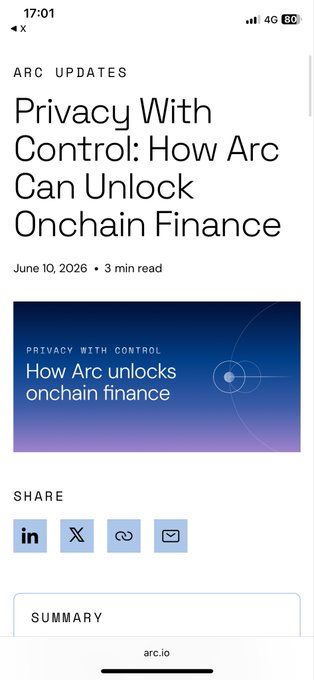 The image shows a phone screen displaying an article about privacy control measures for Arc, which is part of a larger article discussing blockchain finance. The main focus of the image is the title "Arc Updates Privacy with Control: How Arc Can Unlock Onchain Finance".