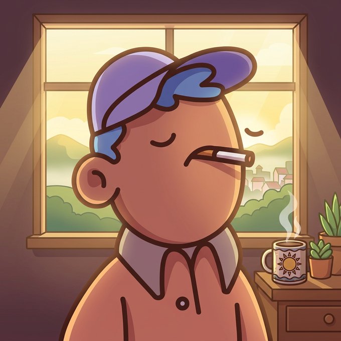 A cartoon illustration depicts a person wearing a blue cap and smoking a cigarette indoors, with a window showing a landscape and a coffee mug on a side table.