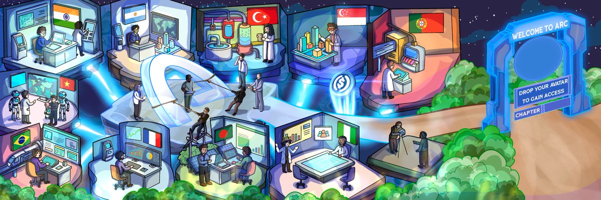 The image is a vibrant digital illustration showcasing a diverse community of "builders" at workstations representing various countries (India, Cyprus, Vietnam, Turkey, Singapore, Portugal, Vietnam, France, Bangladesh, Brazil, Nigeria), with a portal on the right reading "WELCOME TO ARC - DROP YOUR AVATAR TO GAIN ACCESS - CHAPTER."

The illustration visually embodies the creator's message of using art to celebrate ARC's builder community, depicting scenes of collaboration, invention, and creative work that parallel the 26-hour drawing journey from newbie to accomplished digital artist.