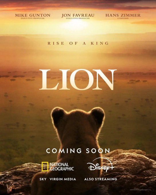 A promotional poster for "Lion: Rise of a King" from National Geographic/Disney+, featuring a lion cub gazing over a sunlit savanna, with credits to Mike Gunton, Jon Favreau (executive producers) and Hans Zimmer (composer), prominently tied to the $Kiongozi "Rise of A King" meme coin promotion.
