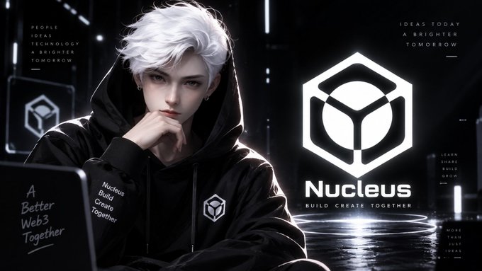 A futuristic scene shows a silver-haired person in a black hoodie with the "Nucleus" logo, sitting in front of a laptop displaying "A Better Web3 Together," alongside the tagline "Build Create Together" and the slogan "Ideas Today A Brighter Tomorrow." The image reinforces the post's message about being an early, thoughtful observer of Nucleus's Web3 vision rather than a bandwagon follower, emphasizing intentional engagement over chasing hype.