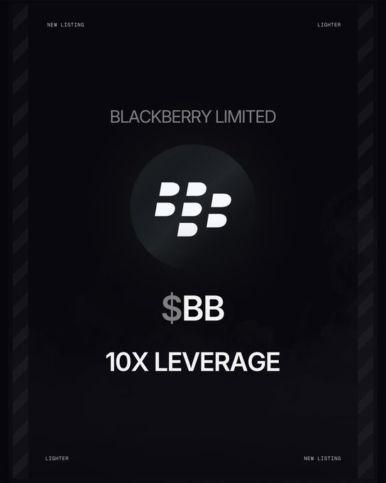 A dark promotional graphic announcing a new listing for BlackBerry Limited ($BB) with 10x leverage, featuring the company's iconic logo centered on a circular badge, with "NEW LISTING" and "LIGHTER" branding in the corners—directly supporting the post's announcement of a new RWA perpetual contract offering.
