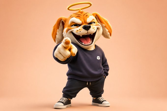 The image features a cartoon dog wearing a black sweatshirt with an orange circle around its neck and white sneakers. The dog has its arms outstretched as if pointing at something or someone, possibly a person's hand. The caption reads "GM, you really sold the bottom bruv?!". This suggests that the image is related to a humorous or satirical post about the cartoon dog character.