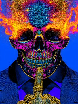 A vibrant, stylized illustration of a skull engulfed in orange and yellow flames, wearing a blue suit, with colorful psychedelic textures inside the skull.