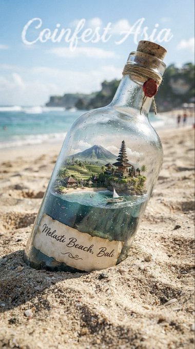 A glass bottle labeled 'Melasti Beach, Bali' sitting on sandy beach, containing a miniature scenic image of a Balinese temple with mountains, with 'Coinfest Asia' written above.