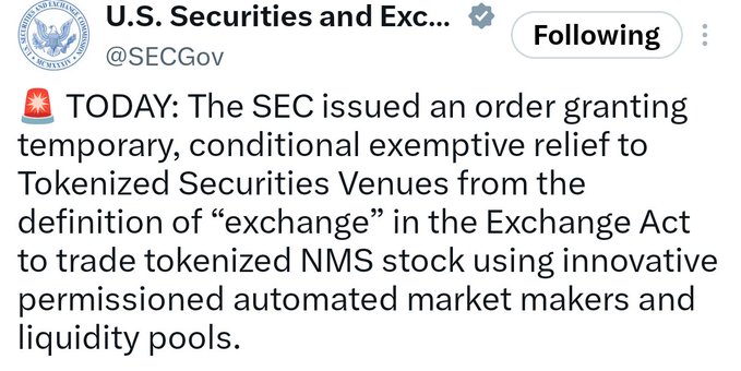 A screenshot of a tweet from the U.S. Securities and Exchange Commission (@SECGov) announcing that the SEC issued an order granting temporary, conditional exemptive relief to Tokenized Securities Venues from the definition of "exchange" in the Exchange Act to trade tokenized NMS stock using innovative permissioned automated market makers and liquidity pools.