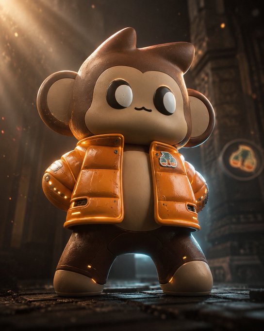 A 3D rendered character resembling a stylized monkey wearing an orange puffer jacket in a dimly lit environment.