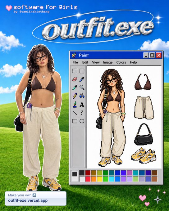 A Windows 95-inspired graphic design mockup titled 'outfit.exe' by 'software for girls', showing a digital illustration of a woman alongside a vintage MS Paint interface.