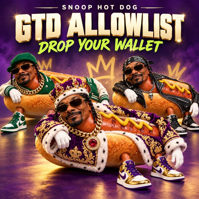An AI-generated ad parody titled 'SNOOP HOT DOG GTD ALLOWLIST DROP YOUR WALLET' featuring Snoop Dogg's face on hot dog bodies wearing Jordans and gold chains