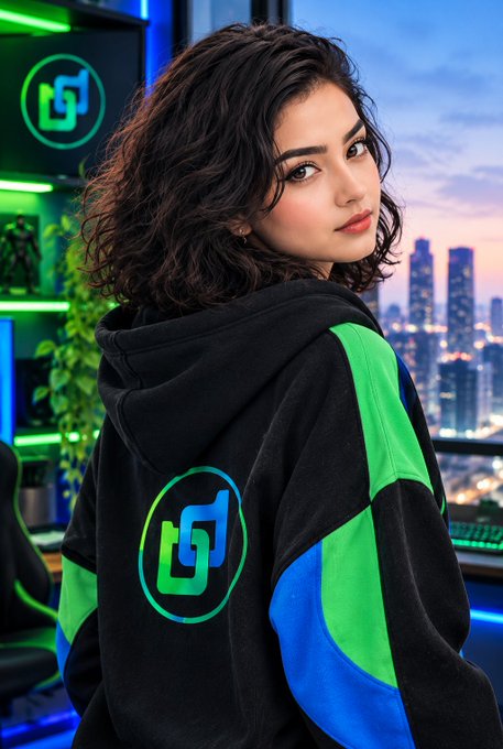 A digital illustration of a woman with wavy brown hair wearing a black, green, and blue hoodie featuring a stylized logo on the back, set against a city skyline at sunset.